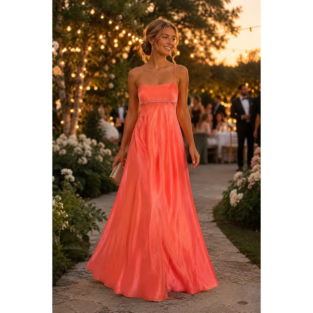 Faviana New York Coral Satin Gown Rhinestone‎ Trim Lace Up Back Prom Dress 3/4
